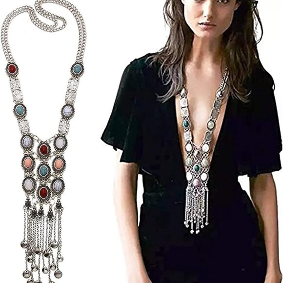 Jewelry - Turquoise Long Boho Bohemian Statement Ethnic Tribal Necklace for Women Vintage